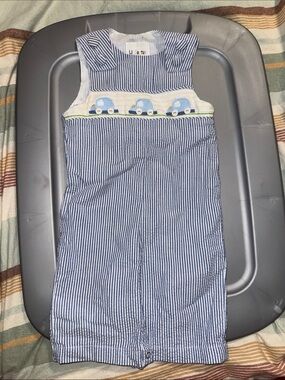 Li'l cactus Blue Stripe Baby One-Piece with Car Smocking